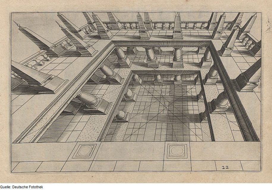 Hans Vredeman de Vries, Perspective, 1604–05. An early systematic construction of downward three-point perspective.
