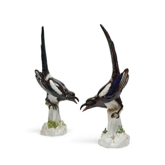 Johann Joachim Kändler, pair of Meissen magpies, c. 1740. Kändler originally modelled life-size magpies for Augustus the Strong’s Japanese Palace in Dresden in 1733.