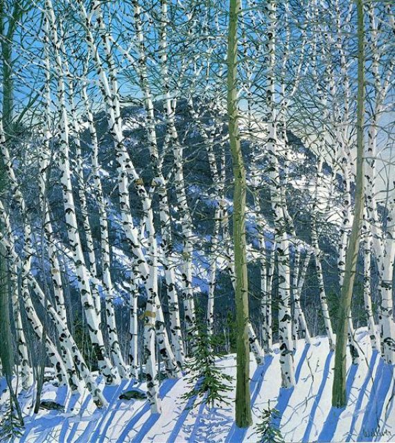 Neil Welliver’s birches are almost unnaturally graphic. The Birches, 1977.