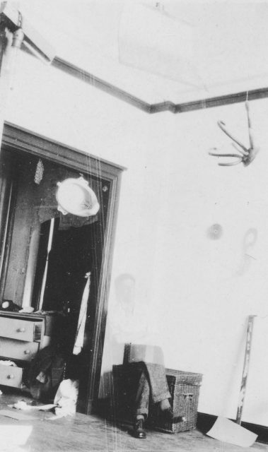 A 1917 or 1918 photo by Henri-Pierre Roché shows Duchamp's studio with the original urinal.