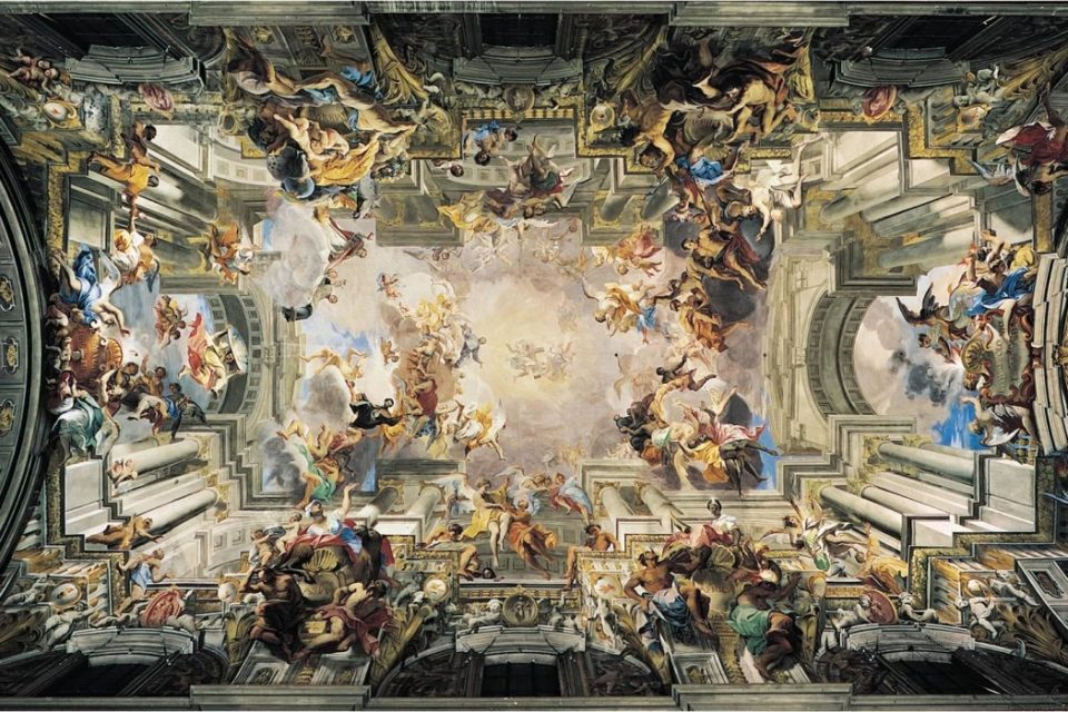 Andrea Pozzo, The Apotheosis of Saint Ignatius, 1685–94. The ceiling opens upward into an illusionistic continuation of the architecture.