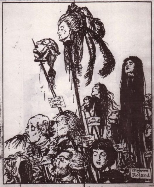 Satirical illustration of severed heads mounted on stakes