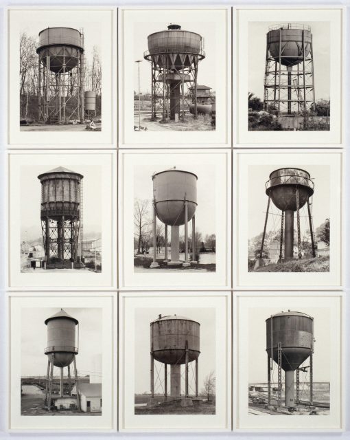The Bechers systematically suppress converging verticals, reinforcing the frontal neutrality of their photographs. Bernd and Hilla Becher, Water Towers, 1960s–80s.