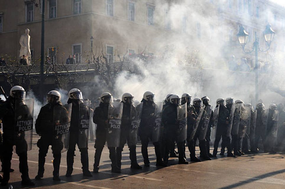 Police line in tear gas, Athens, December 2008.
