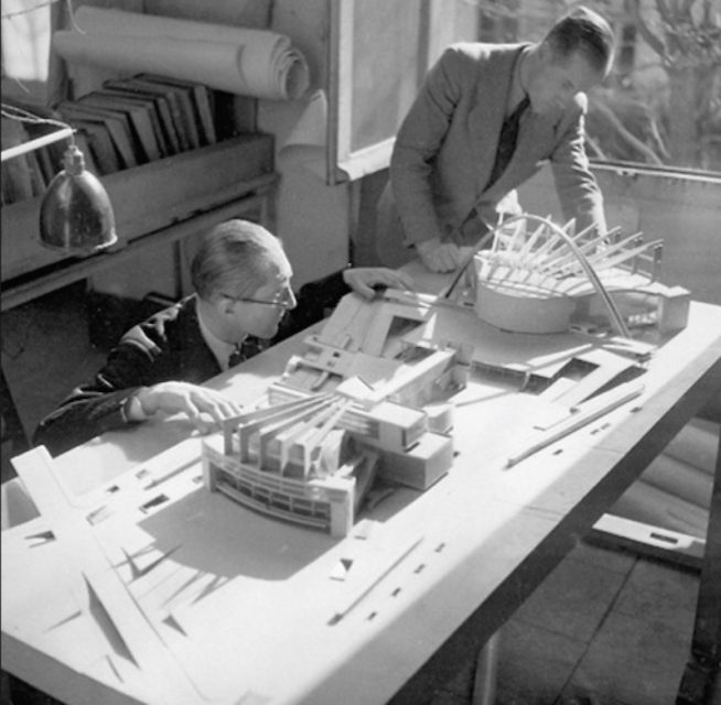 Le Corbusier and Pierre Jeanneret working on a model for the Palace of the Soviets, 1931.