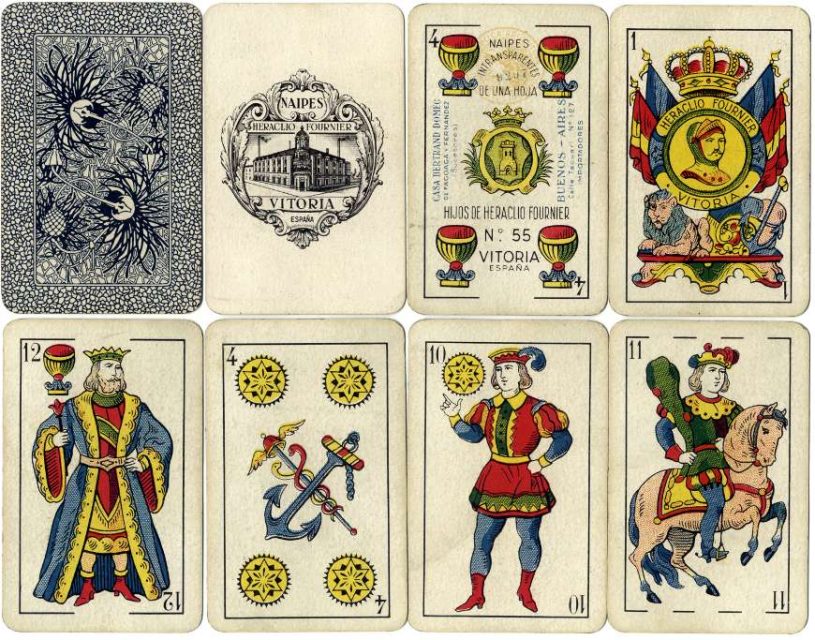 Heraclio Fournier playing cards, Vitoria, Spain, early 20th century. Faces and backs of the same deck.