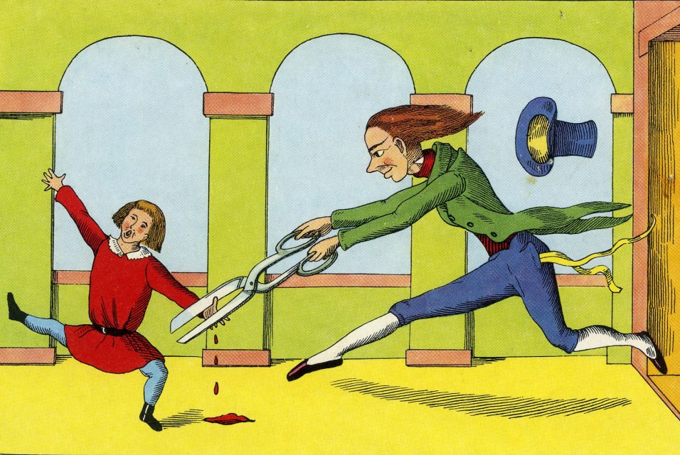 The tailor cuts off Konrad’s thumbs with an enormous pair of scissors because he refuses to stop sucking them.