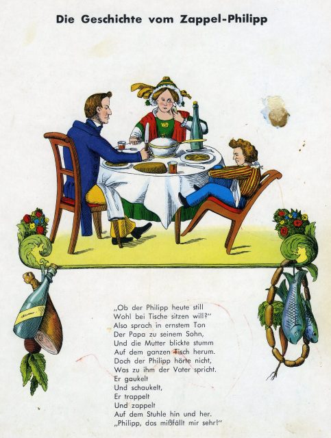 Zappel-Philipp (The Fidgety Philip) rocks back on his chair at the dinner table, despite his father’s warning.