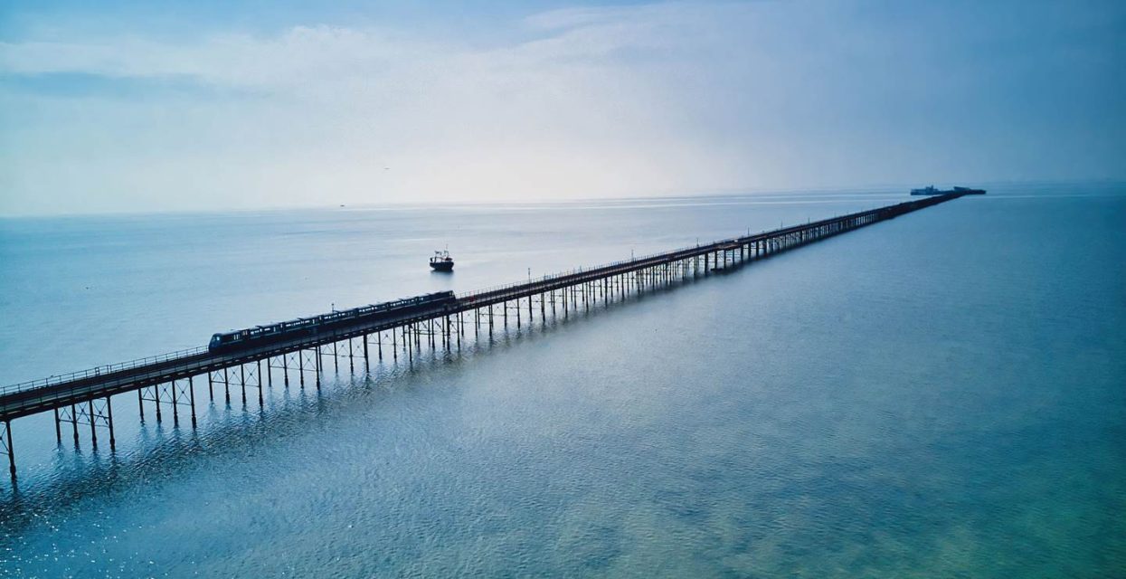 Southend Pier in Southend-on-Sea is approximately 2.16 kilometres long. A train takes visitors from the shore to the end of the pier.
