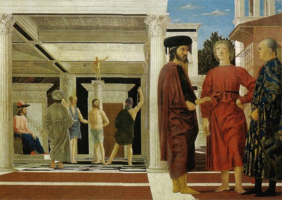 Piero della Francesca, The Flagellation of Christ, c. 1455–1460. Low viewpoint, with parallel verticals.