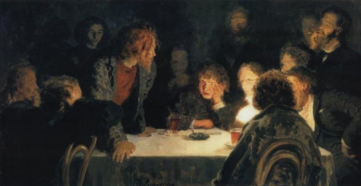 So does Ilya Repin’s The Revolutionary Meeting (1883), where a single light gathers figures into a circle and leaves the surroundings in shadow.